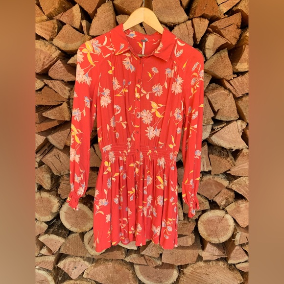 Free People Dresses & Skirts - Free People Women’s XS Prairie Western Red Floral Dress Boho Puff Sleeve Peasant